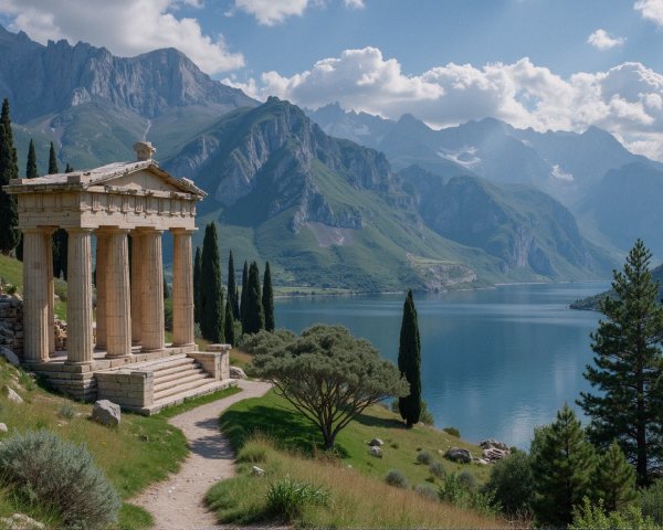 Greek-style temple on hillside by serene lake