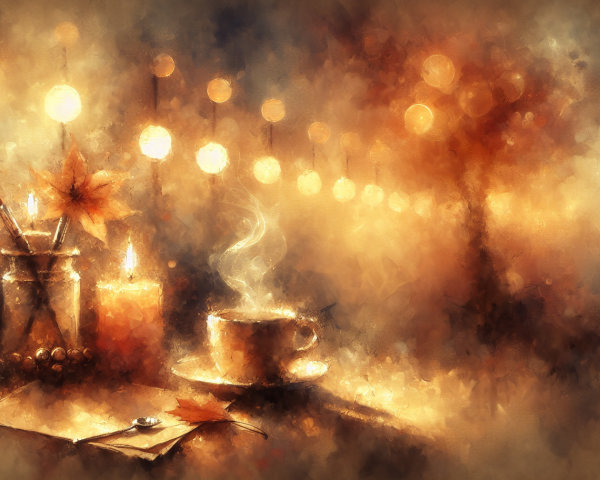 Cozy Coffee Scene with Candle and Warm Hues