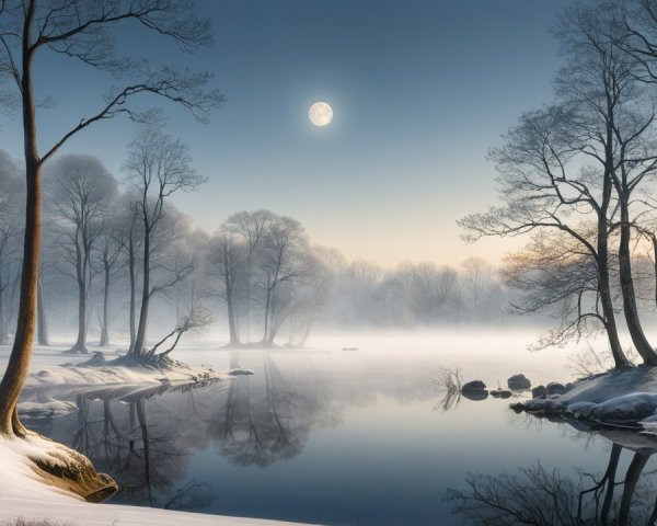 Serene Winter Landscape with Moonlit River and Snow