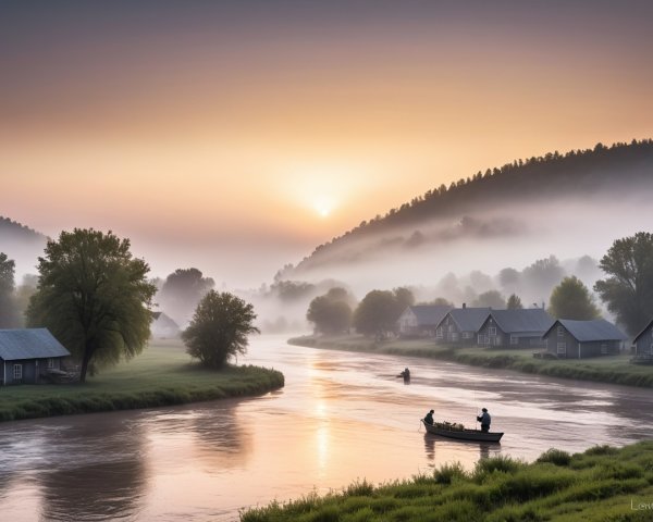 Serene River Scene at Dawn with Fishermen and Mist