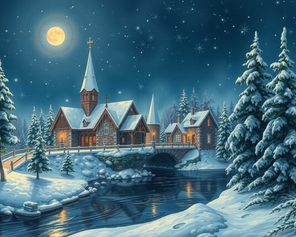 Winter Village Scene with Snow and Evergreen Trees