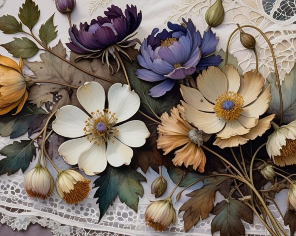 Intricate Flower Arrangement with Lace Backdrop