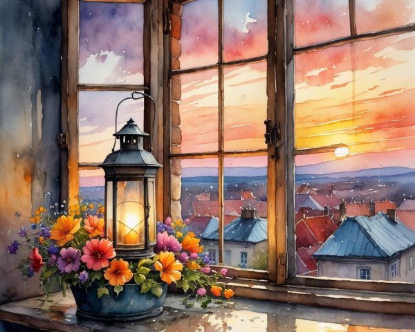 Cozy Window Scene with Lantern and Sunset View