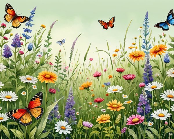 Vibrant Meadow with Colorful Wildflowers and Butterflies