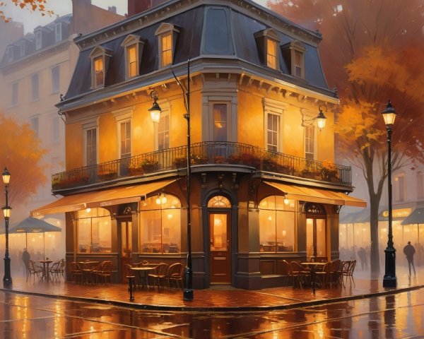 Charming Parisian Café at Evening with Autumn Foliage