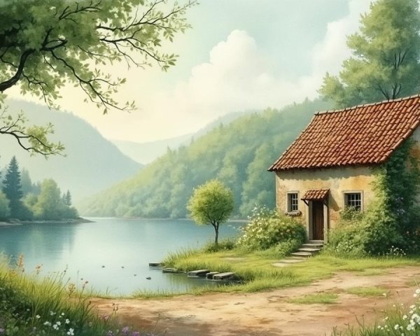 Tranquil Landscape with Cottage by Serene Lake