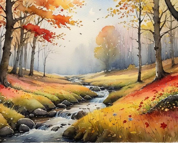 Tranquil Autumn Landscape with Winding Stream and Foliage