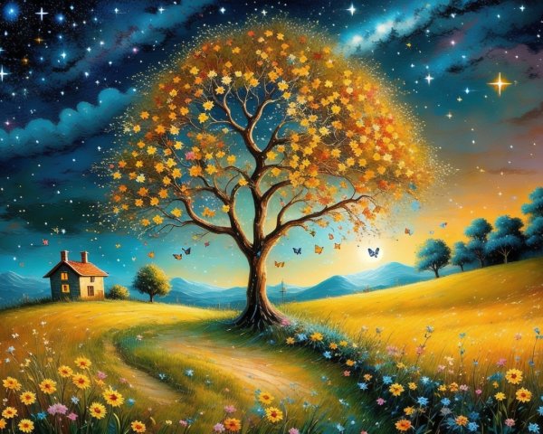 Autumn Landscape with Tree, Cottage, and Wildflowers