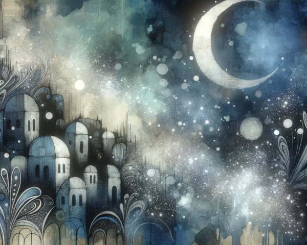 Ethereal Night Landscape with Whimsical Buildings