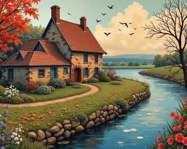 Cottage by River Amidst Autumn Landscape and Flowers