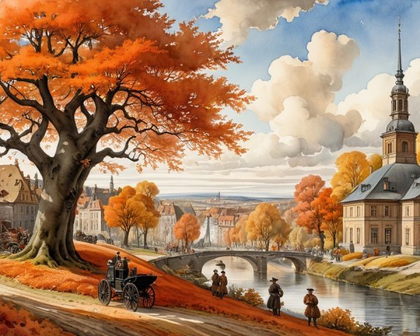 Autumn Village Scene with Vibrant Foliage and River