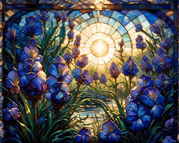 Vibrant Stained Glass Scene with Blue Flowers and Waterway