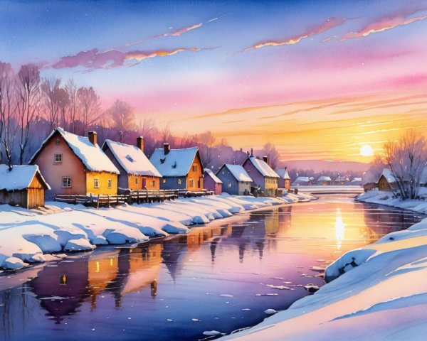 Winter Landscape with Cottages and Flowing River