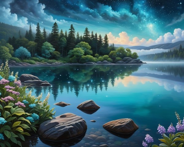 Tranquil Lake with Twilight Sky and Lush Surroundings