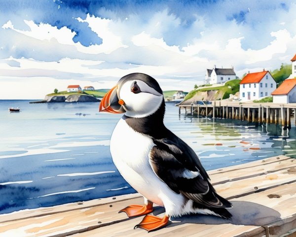 Colorful Puffin on Pier with Scenic Harbor View