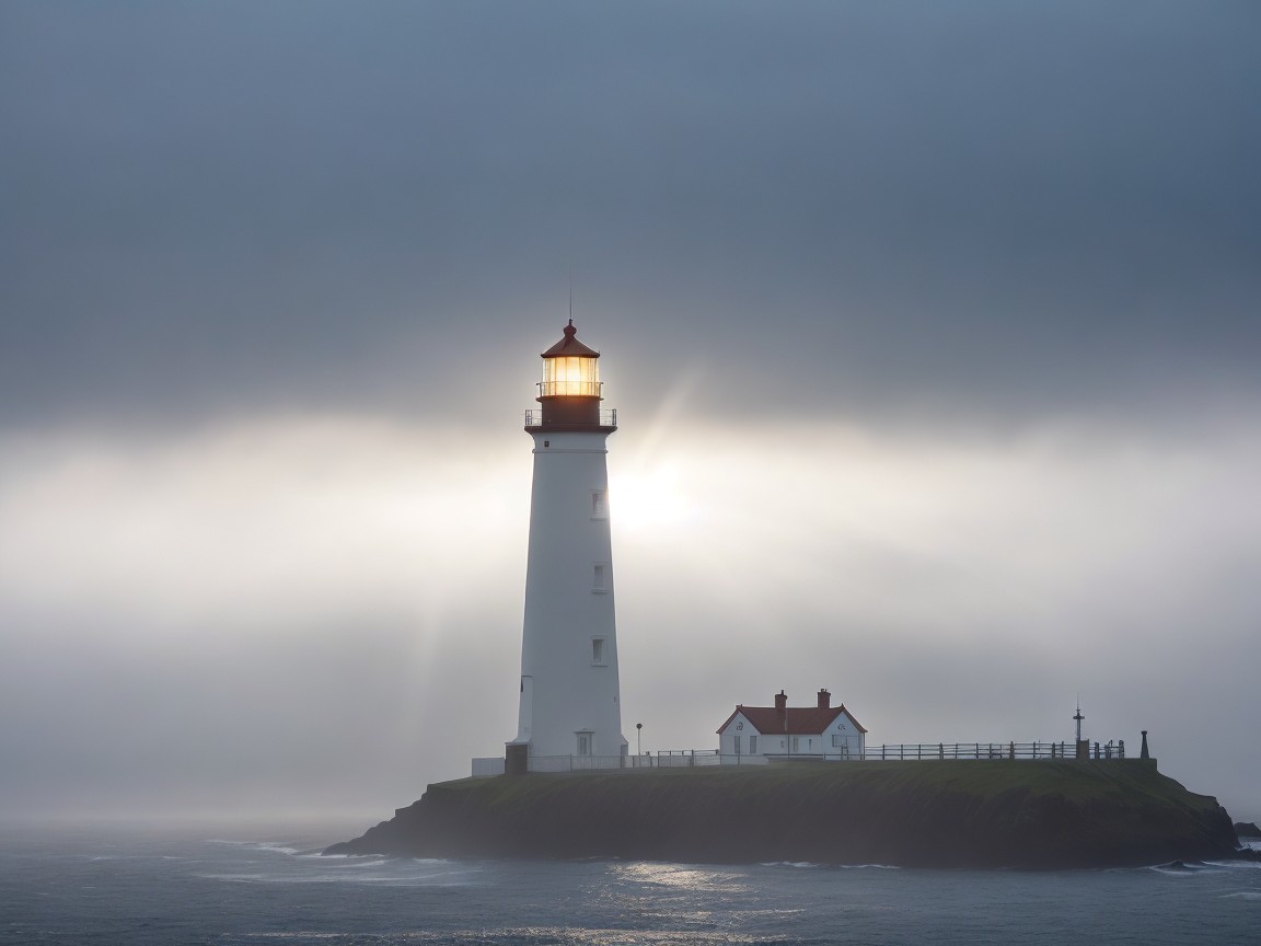 Lighthouse on Rocky Island with Misty Atmosphere