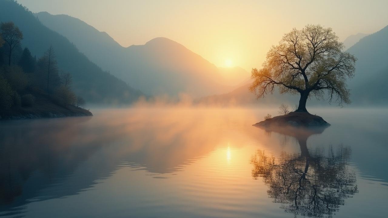 Serene Landscape with Tree on Island at Sunrise