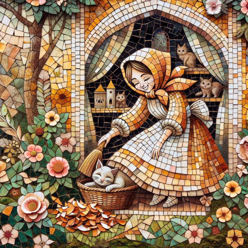 Whimsical Mosaic of a Woman Sweeping Leaves