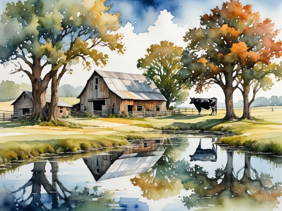 Countryside Scene with Barn, Pond, and Autumn Foliage