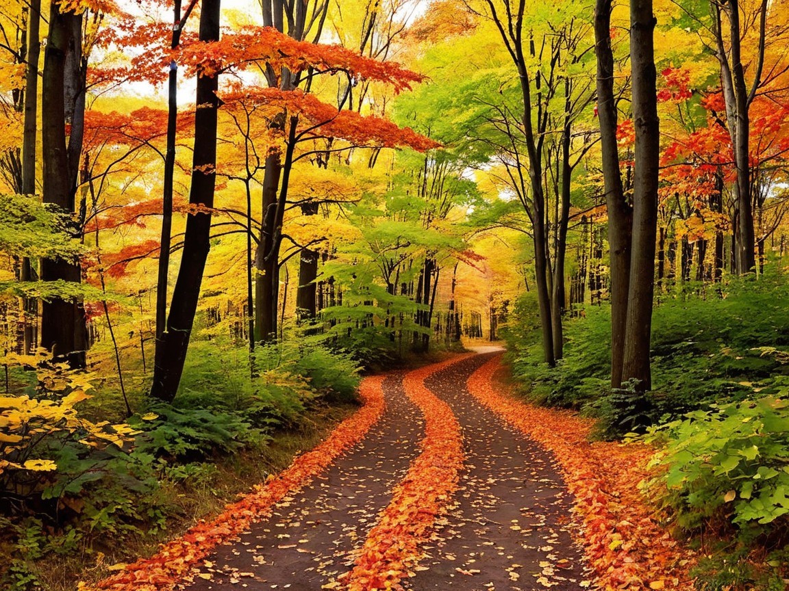 Autumn Landscape with Vibrant Foliage and Soft Sunlight