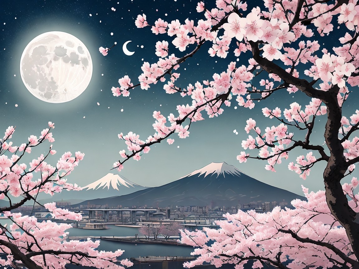 Serene Landscape with Cherry Blossoms and Mountains