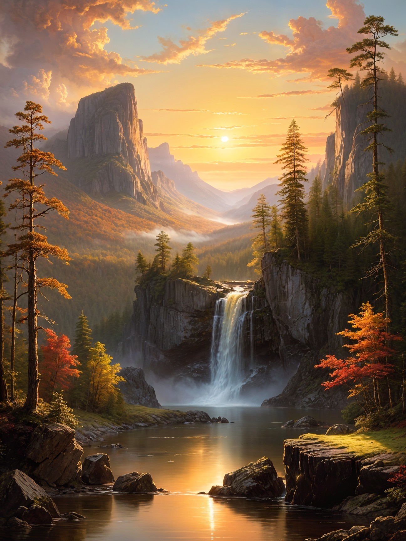 Majestic Waterfall and Autumn Landscape Scene