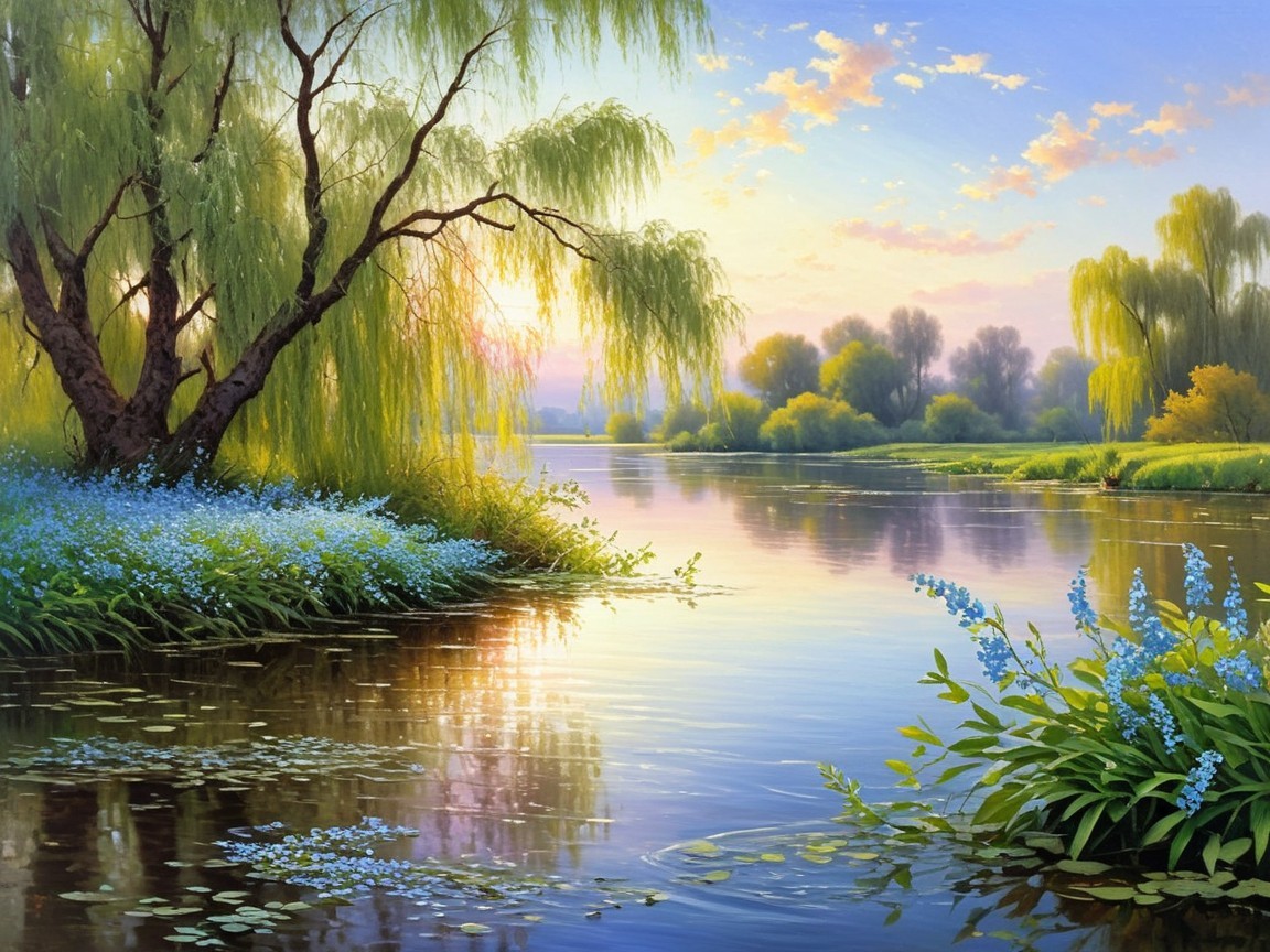 Serene Landscape with Calm River and Dawn Hues