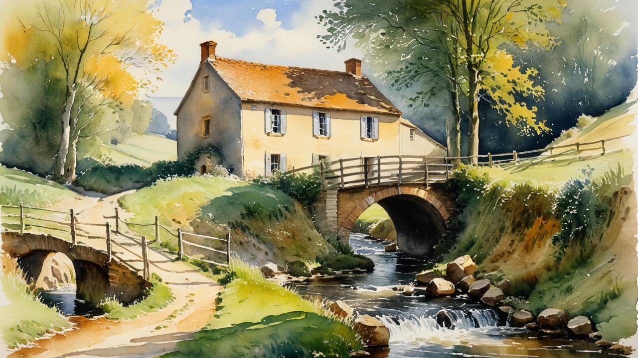 Watercolor Scene of Cottage by a Flowing Stream