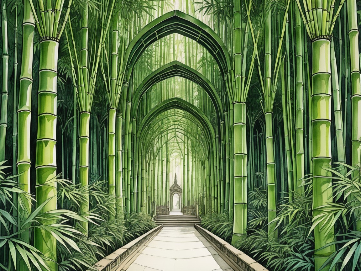 Pathway Through a Tranquil Bamboo Forest Leading to a Temple