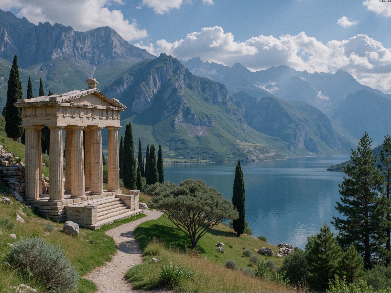 Greek-style temple on hillside by serene lake