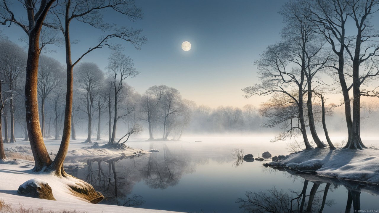 Serene Winter Landscape with Moonlit River and Snow