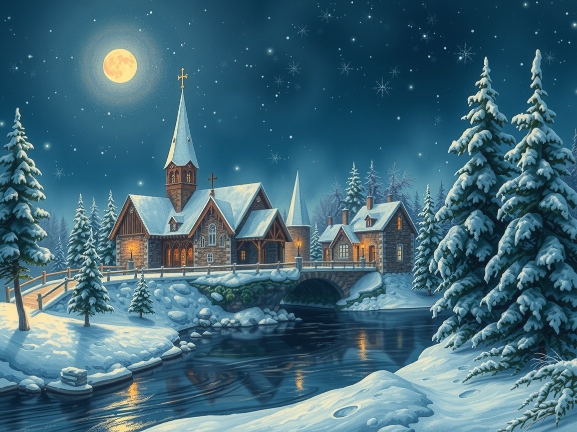 Winter Village Scene with Snow and Evergreen Trees