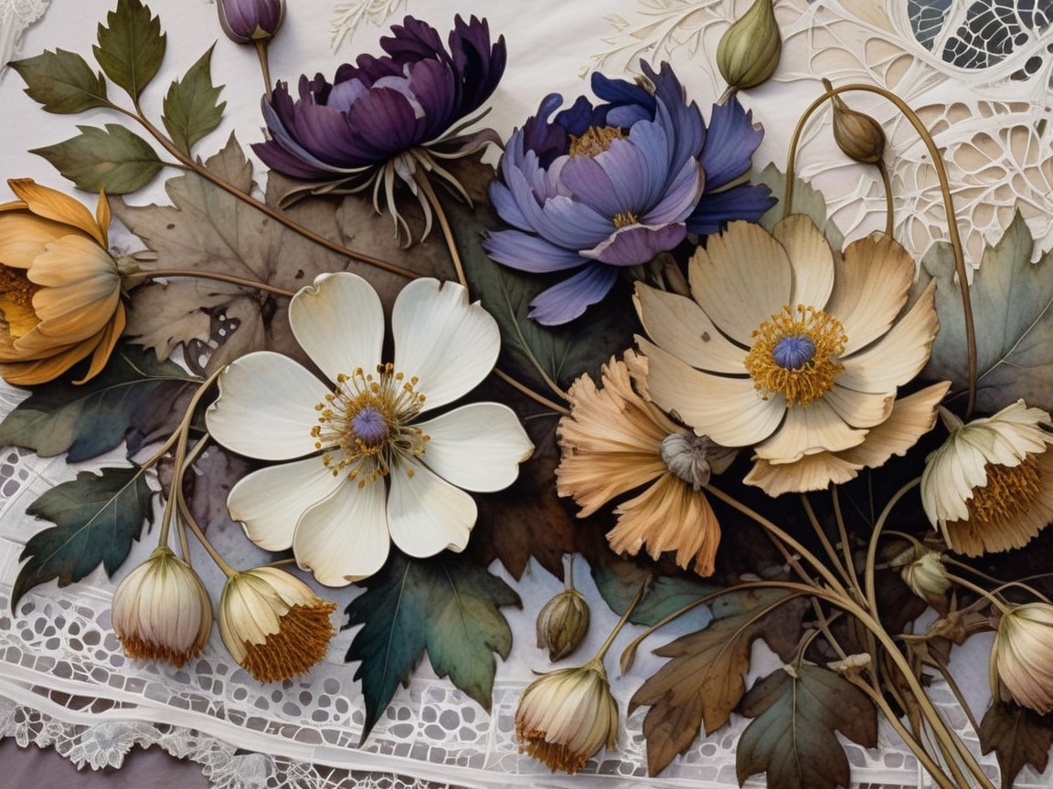 Intricate Flower Arrangement with Lace Backdrop