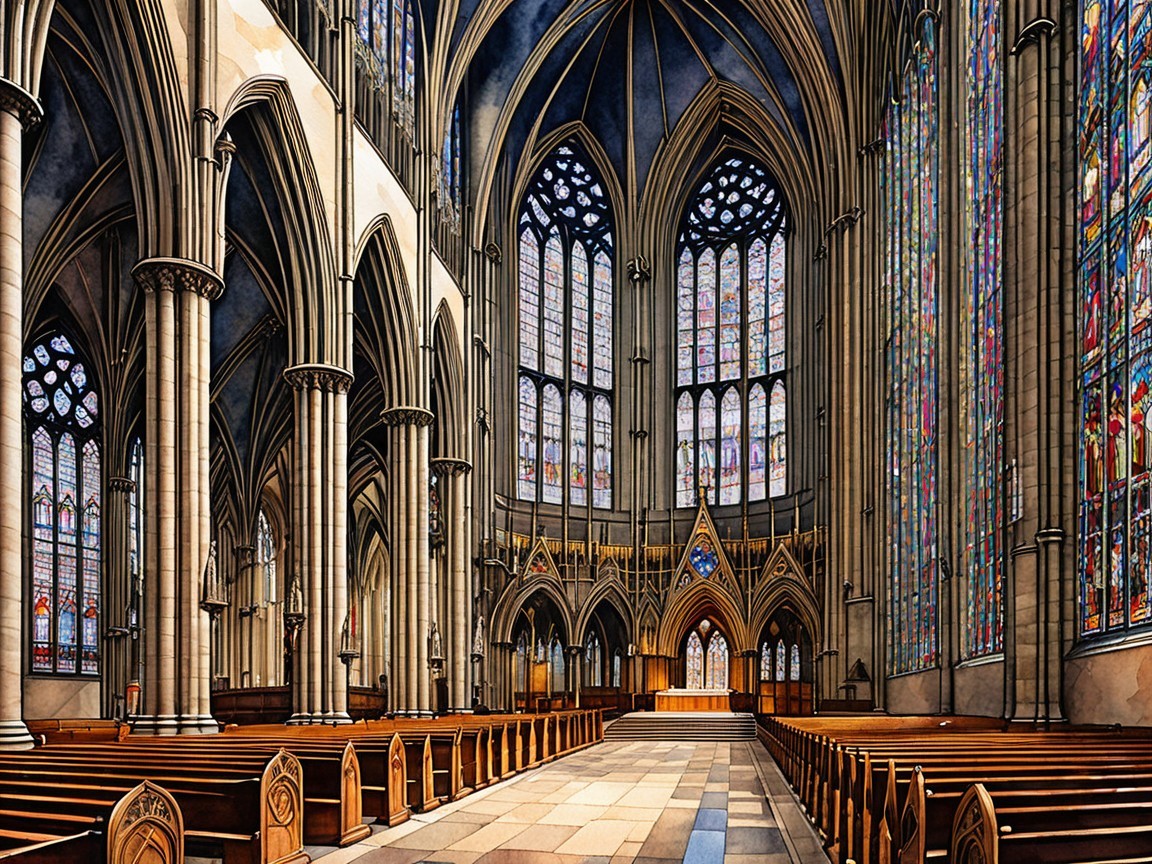 Gothic Cathedral Interior with Arches and Stained Glass