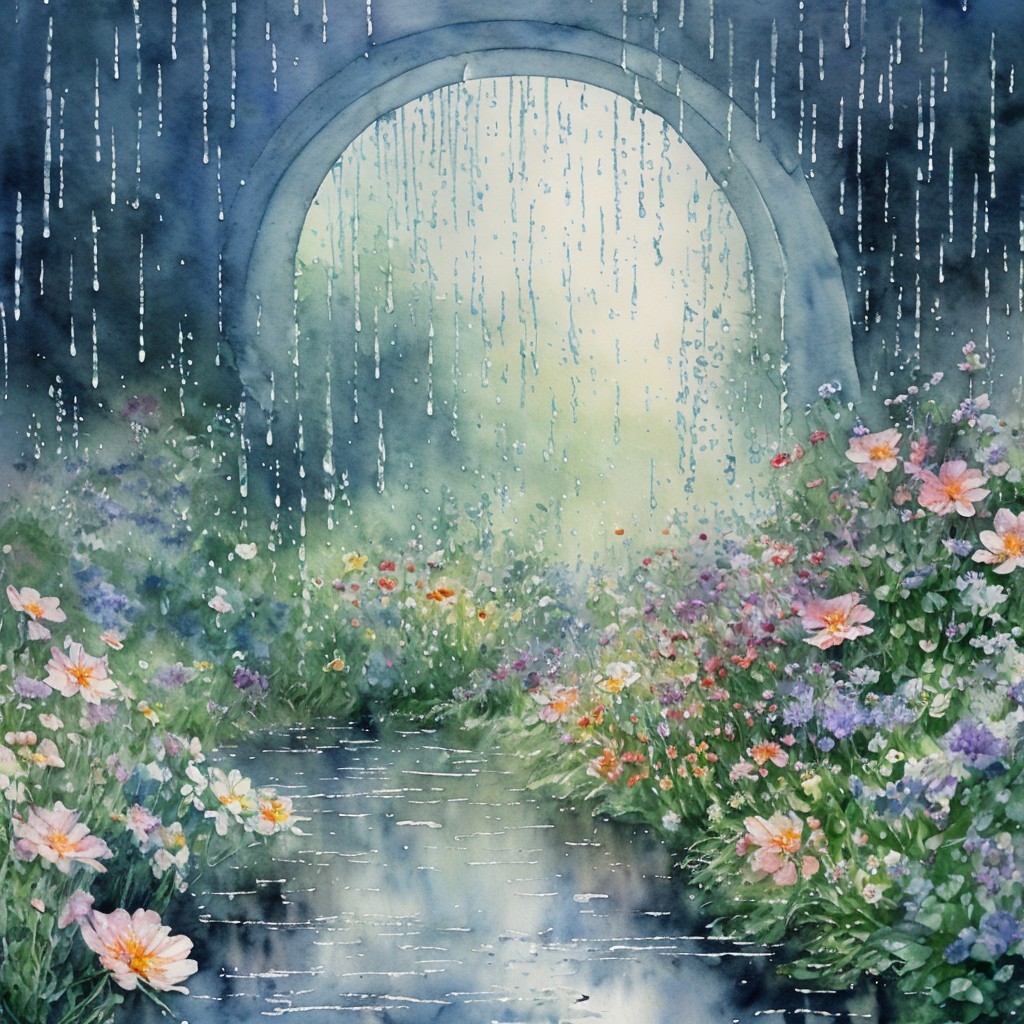 Watercolor Scene of Archway with Flowers and Mist