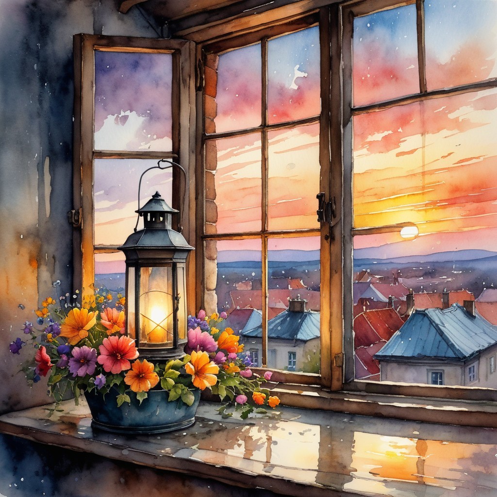 Cozy Window Scene with Lantern and Sunset View