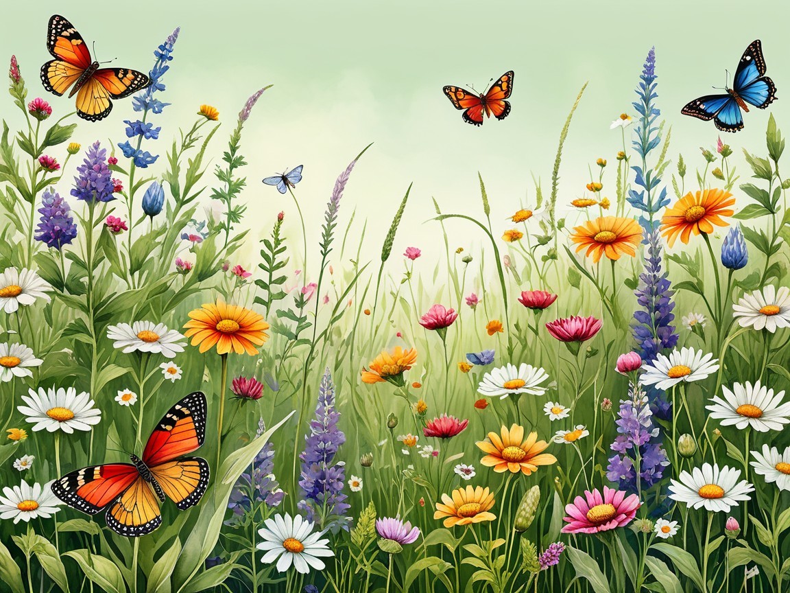 Vibrant Meadow with Colorful Wildflowers and Butterflies