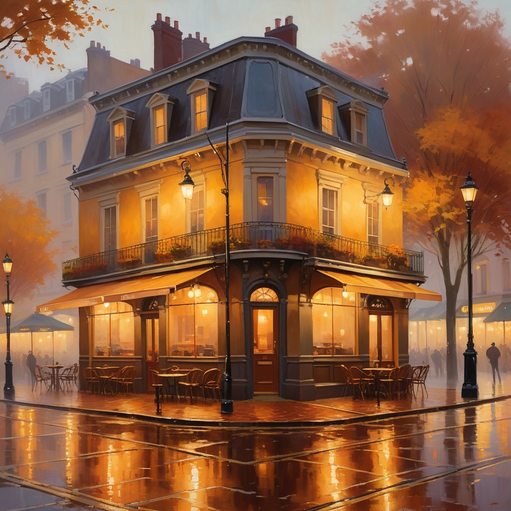 Charming Parisian Café at Evening with Autumn Foliage