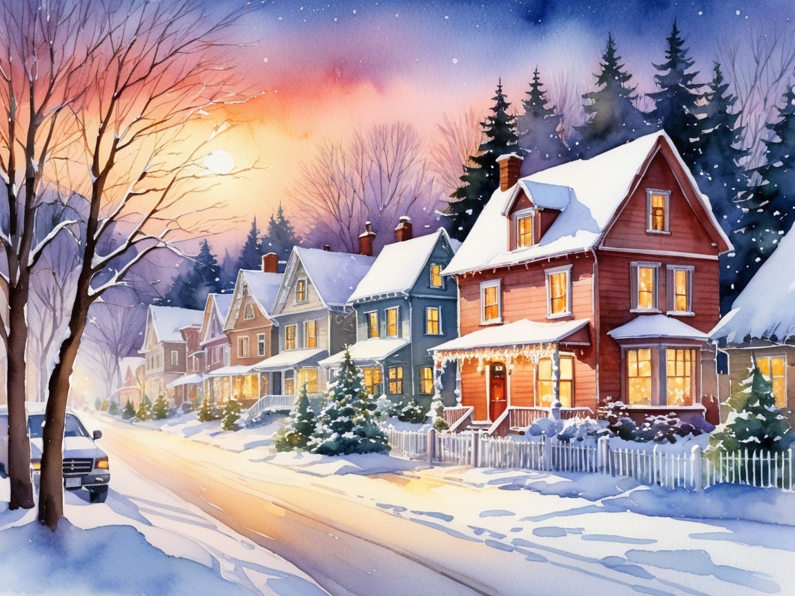 Watercolor Snowy Street Scene with Christmas Lights