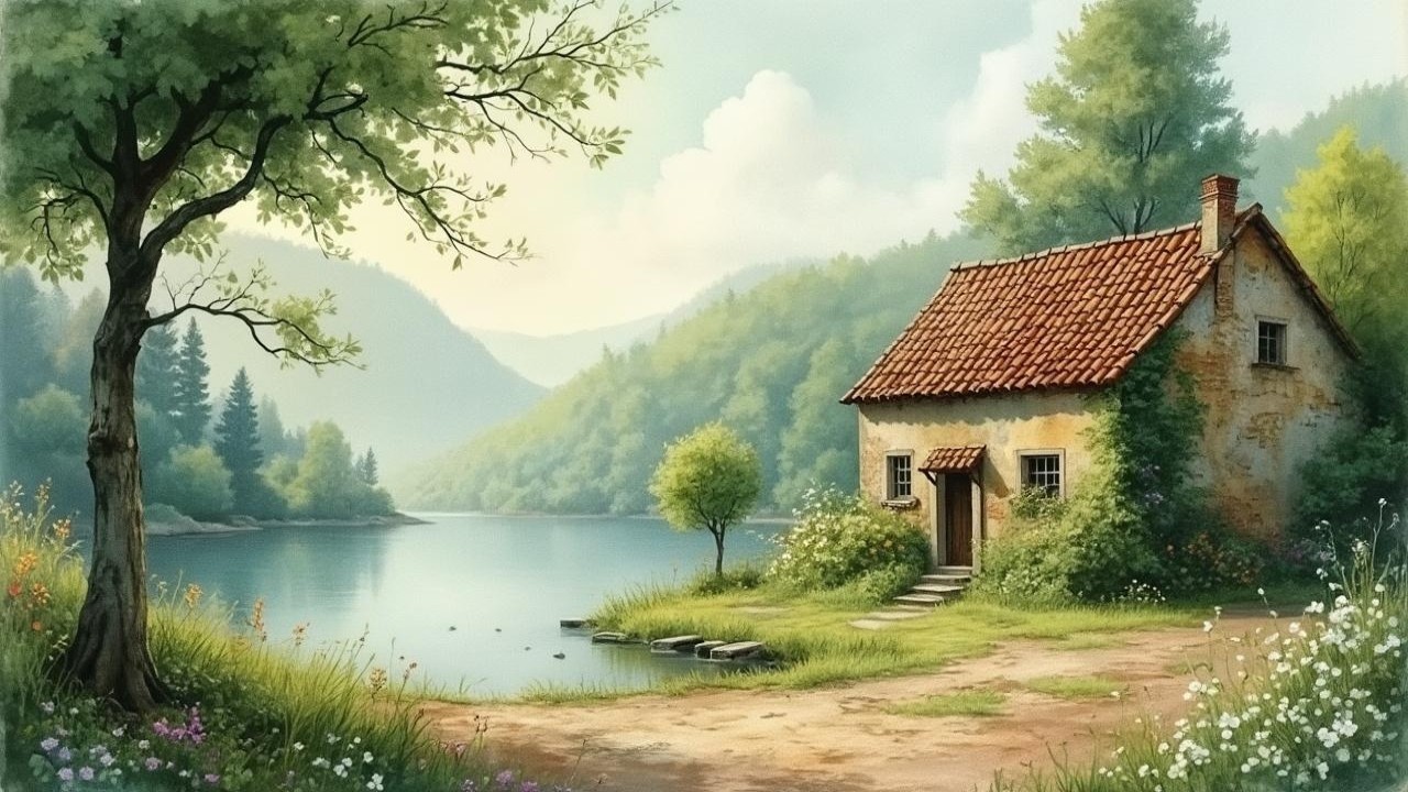 Tranquil Landscape with Cottage by Serene Lake