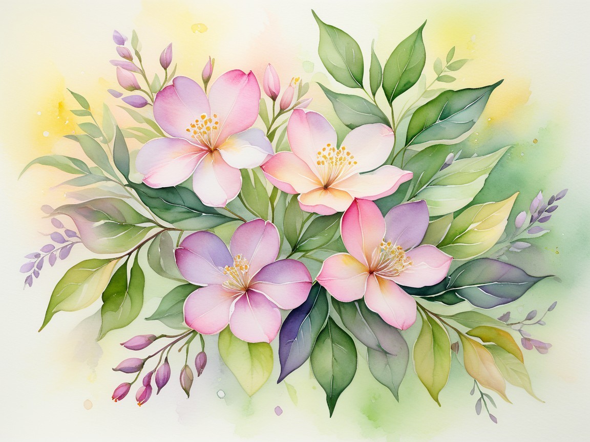 Watercolor Illustration of Pink and Lavender Flowers