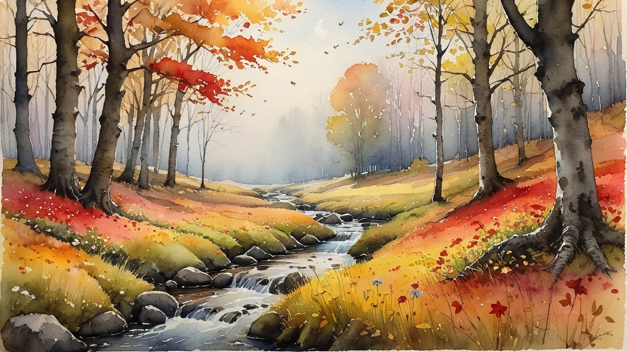 Tranquil Autumn Landscape with Winding Stream and Foliage