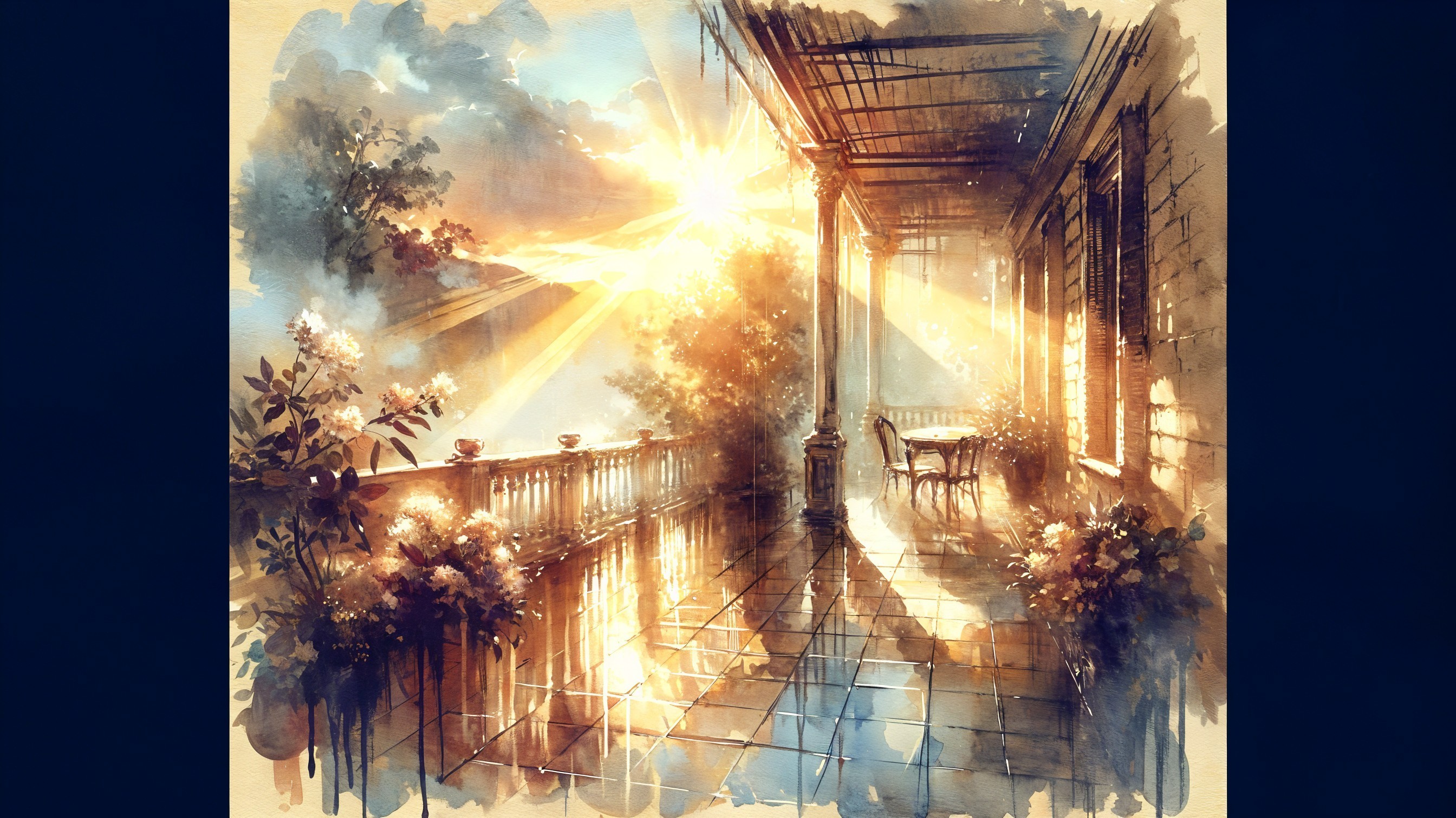 Sunlit Balcony Watercolor with Lush Greenery