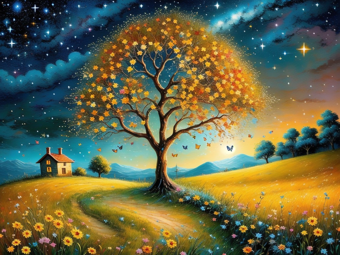 Autumn Landscape with Tree, Cottage, and Wildflowers