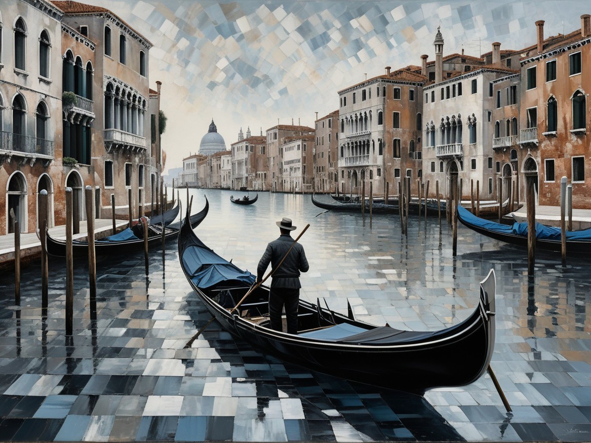 Tranquil Venetian Canal Scene with Gondolier and Buildings