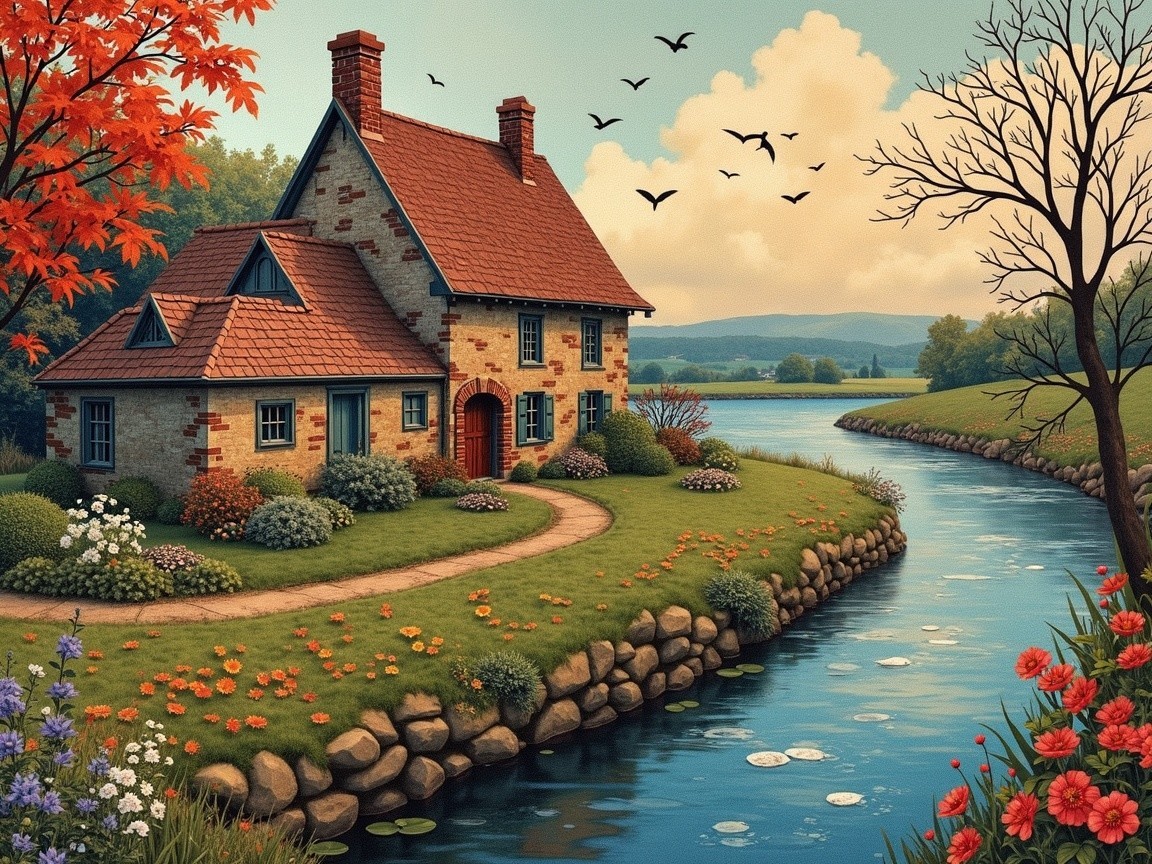 Cottage by River Amidst Autumn Landscape and Flowers