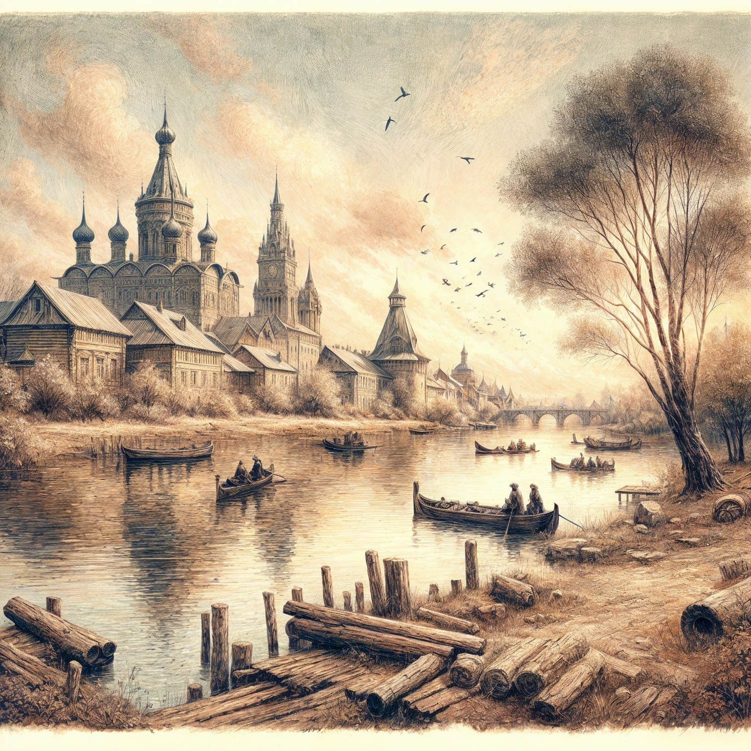 Serene Riverside Village with Traditional Architecture