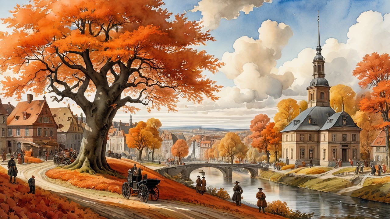 Autumn Village Scene with Vibrant Foliage and River