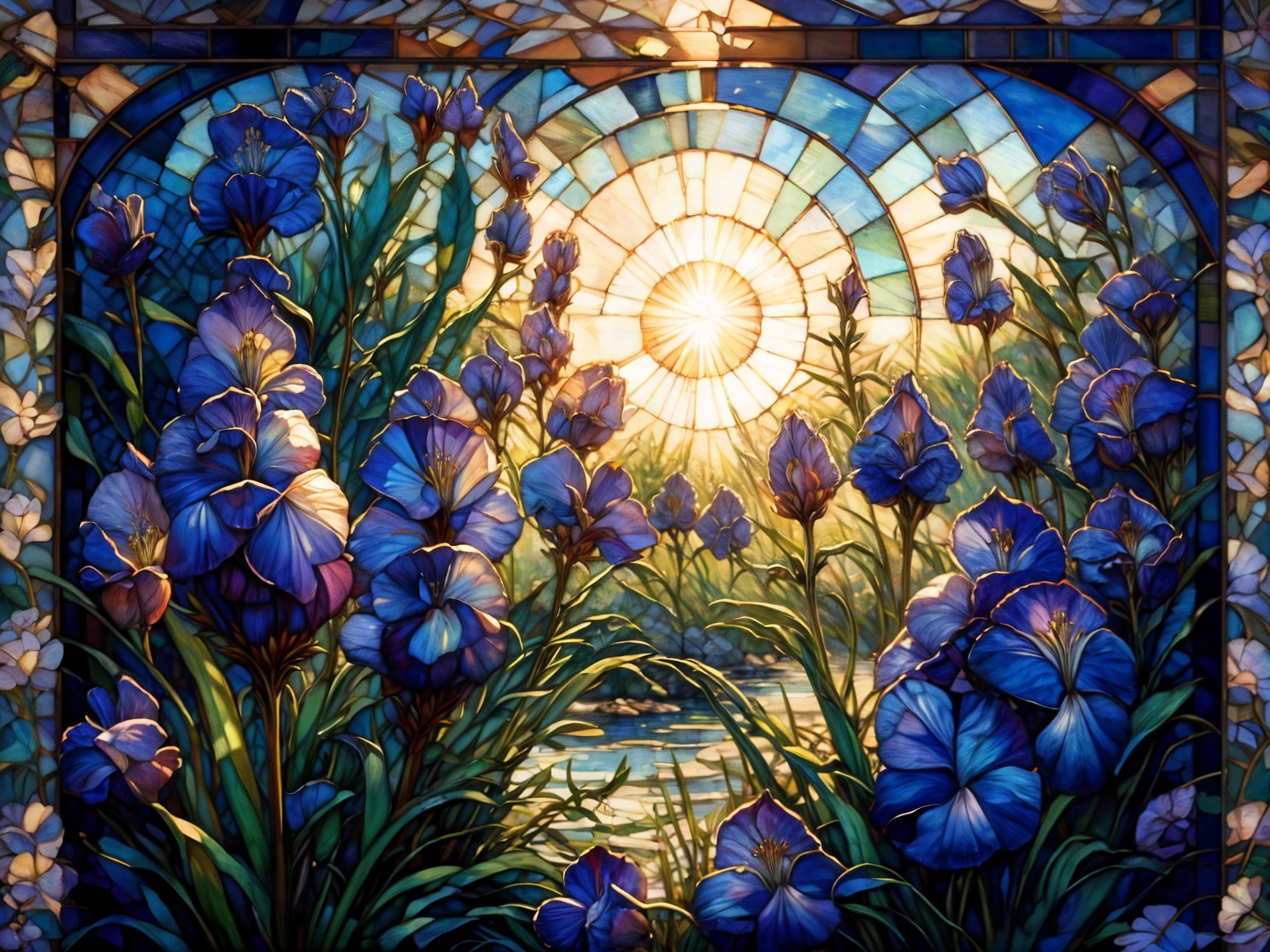 Vibrant Stained Glass Scene with Blue Flowers and Waterway