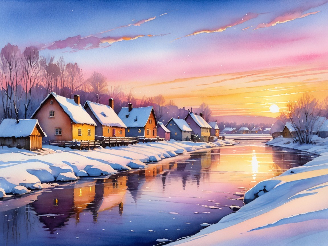 Winter Landscape with Cottages and Flowing River